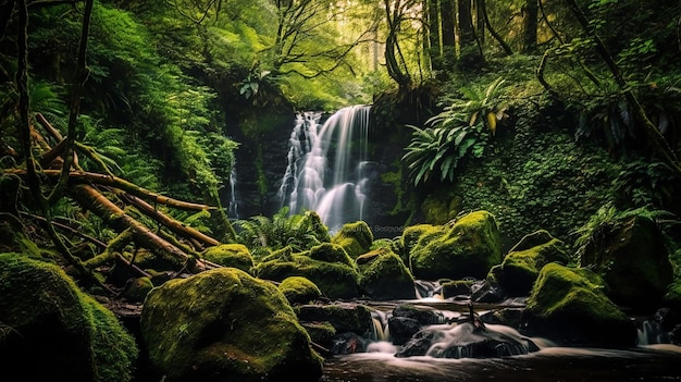 La cascata precipita in una foresta verde IA generativa