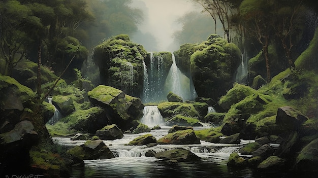 La cascata precipita in una foresta verde IA generativa