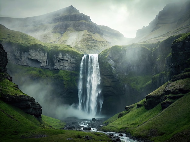 la cascata sopra una regione montuosa in Islanda