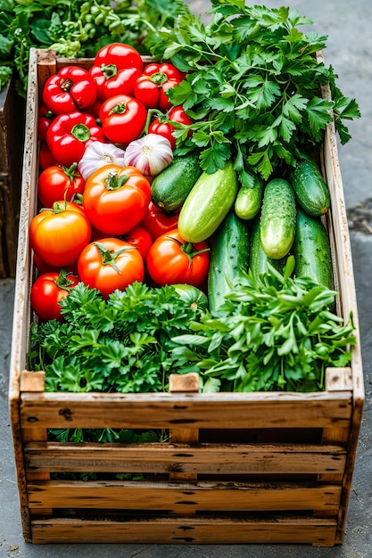 La cassa di legno è piena di un assortimento di verdure tra cui pomodori, peperoni e cetrioli