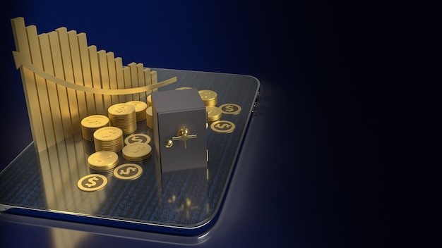 La cassaforte del caveau e le monete d'oro su tablet per il rendering 3d del concetto di business