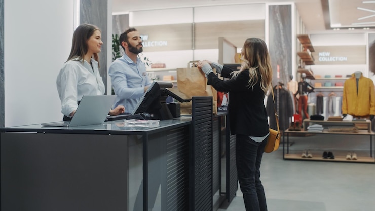 Foto la cassiera del negozio di abbigliamento, la bella giovane donna compra una camicia da un amichevole assistente di vendita al dettaglio, riceve una borsa con gli acquisti, un negozio di moda alla moda con marchi di designer.