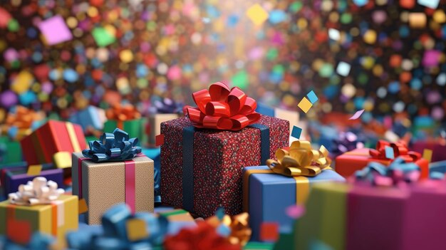 La celebrazione festiva abbonda di scatole da regalo vivaci e di confetti colorati in una gioiosa esposizione