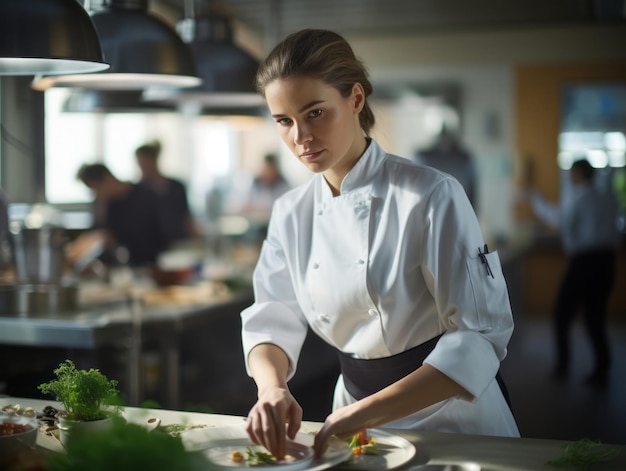 La chef donna crea capolavori culinari in una cucina vivace