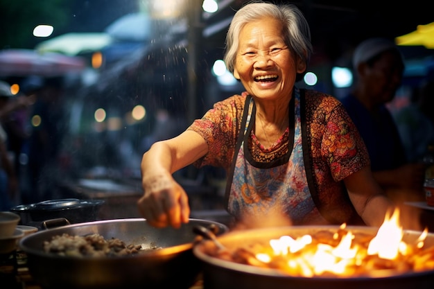 La chef locale cucina felicemente al mercato del cibo di strada di notte