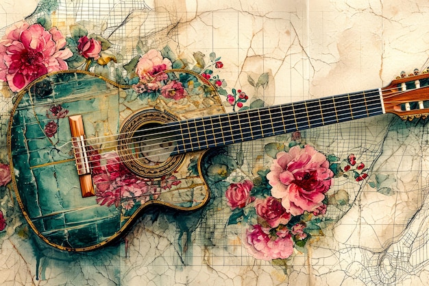 La chitarra con il disegno floreale è appoggiata contro il muro con più fiori su di essa