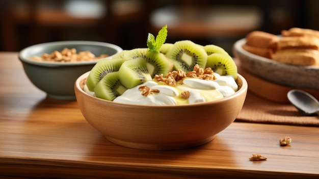 La ciotola di legno contiene un vibrante semifreddo allo yogurt al kiwi e al mango