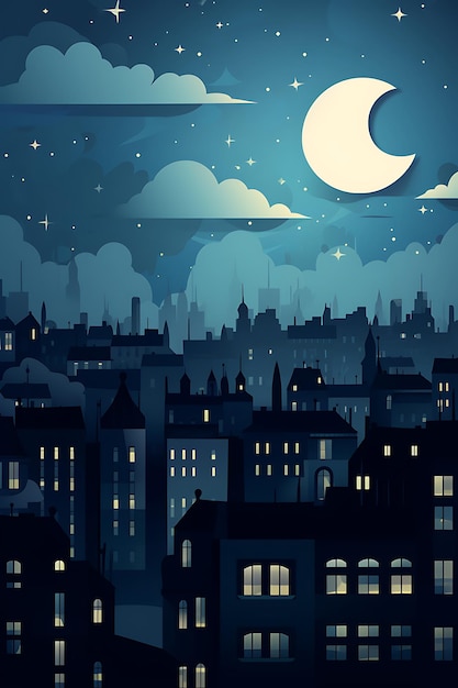 La città e la luna di PARIGI illuminate di notte illustrazione