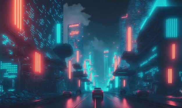 La città futuristica con luce al neon illuminava la strada della città immaginaria