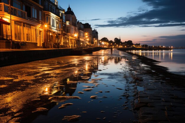 La città in riva al mare risplende sotto la luce della luna generativa IA