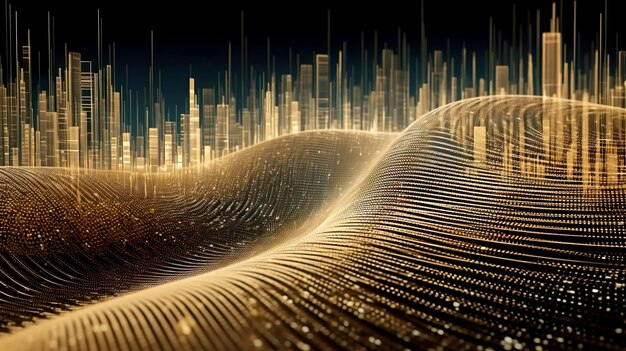 La città intelligente e il punto astratto si connettono con la linea del gradiente e il design estetico della linea d'onda intricata Concetto di tecnologia di connessione Big Data AI generativa