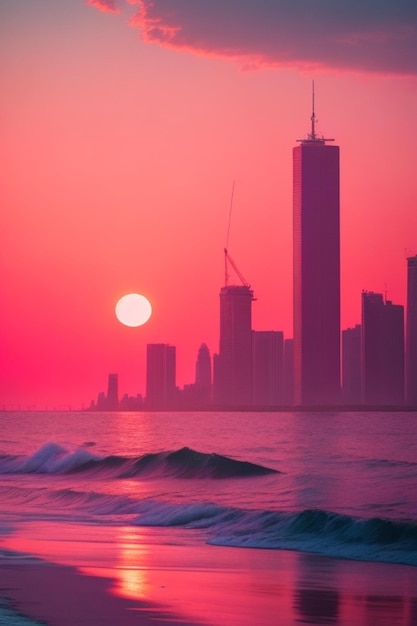 La città sullo sfondo di un tramonto rosa dalla spiaggia