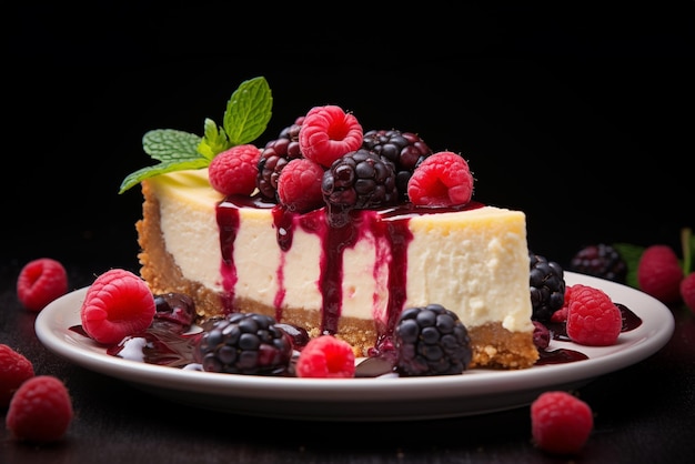 La classica cheesecake newyorkese con frutti di bosco freschi, fragole, lamponi e menta è sana e biologica