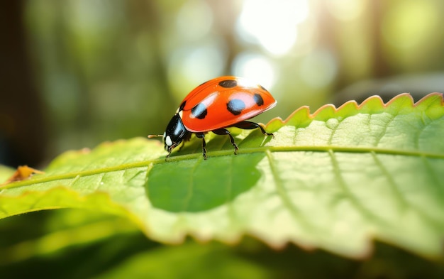 La coccinella riposa su una foglia in prospettiva profonda