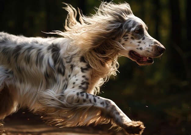 La coda di un setter inglese in movimento mentre corre con energia sconfinata