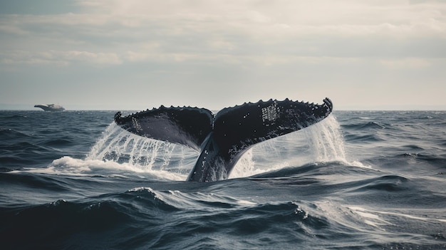 La coda di una balena è visibile nell'acqua.