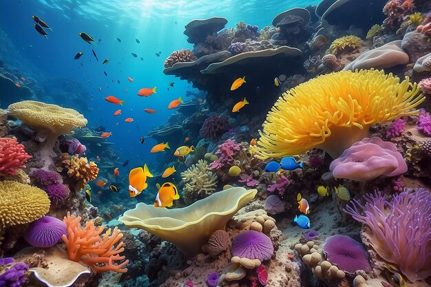 La colorata barriera corallina con le esotiche anemone marine