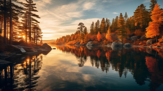 La colorata foresta autunnale e il lago in California Un affascinante paesaggio di cabine