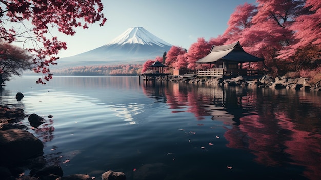 La colorata stagione autunnale e la montagna Fuji con nebbia mattutina e foglie rosse sul lago Kawaguchiko sono una di queste