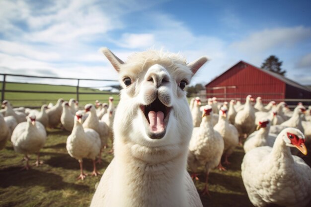 La comica alpaca in un accogliente cortile circondata da curiose galline