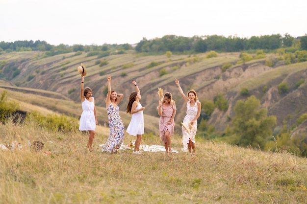 La compagnia di allegre amiche si diverte insieme a fare un picnic in un luogo pittoresco che si affaccia sulle verdi colline