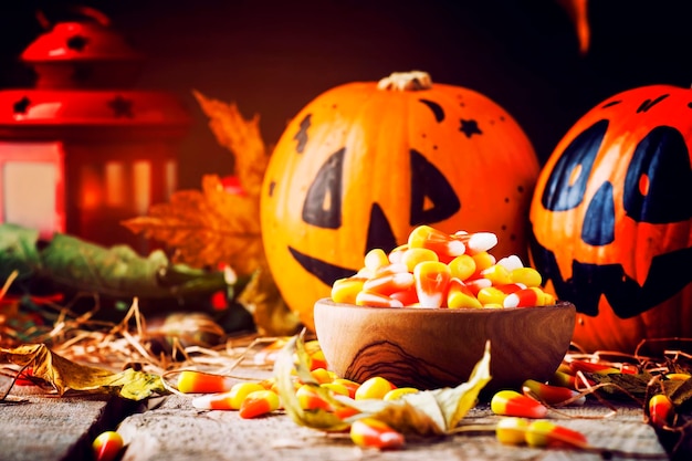 La composizione festiva di Halloween con mais dolce in una ciotola e zucche sorridenti custodisce la paglia della lanterna
