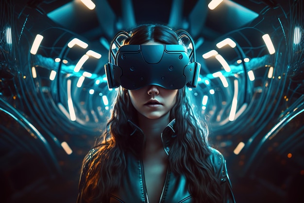 La concept girl del metaverso e del mondo cibernetico utilizza l'intelligenza artificiale generativa delle cuffie VR futuristiche