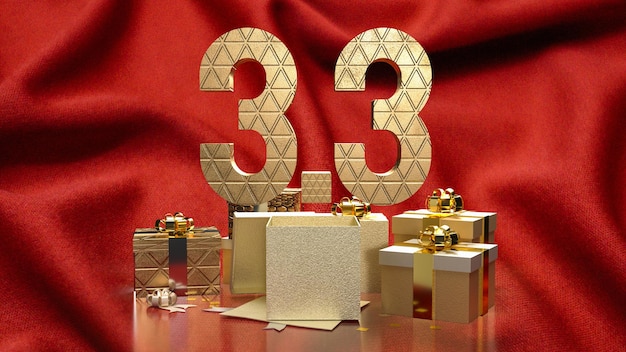 La confezione regalo 33 e oro su seta rossa per il marketing o la promozione della vendita rendering 3d