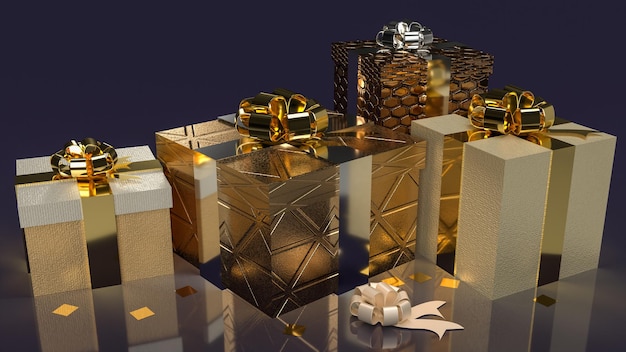 La confezione regalo d'oro su sfondo scuro per la celebrazione o il concetto di vacanza 3d rendering