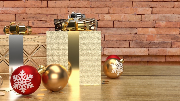 La confezione regalo e la palla di Natale sul tavolo di legno per il rendering 3d del concetto di celebrazione