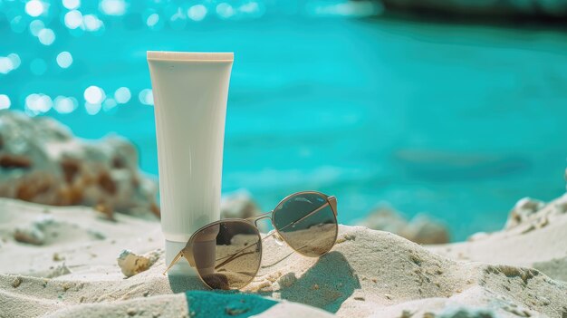 La configurazione della spiaggia sabbiosa presenta crema solare e occhiali da sole chic per una perfetta giornata estiva.