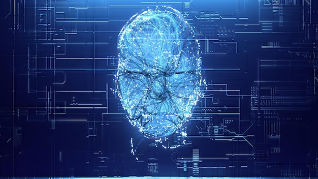 La connessione neurale crea la sagoma di una testa umana con particelle luminose artificiali