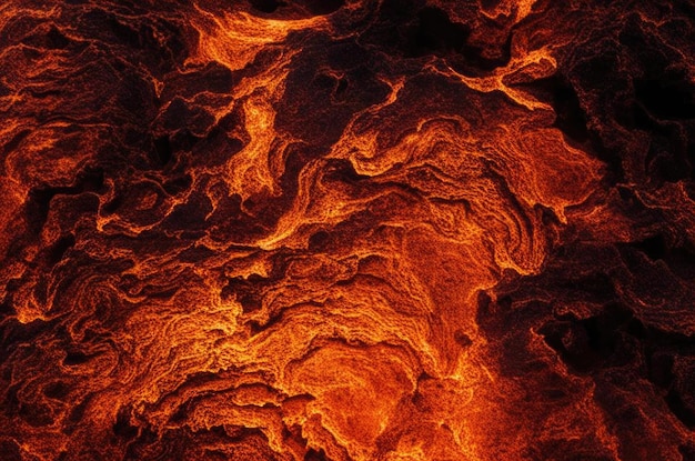 La consistenza del fuoco liquido di lava incandescente in primo piano