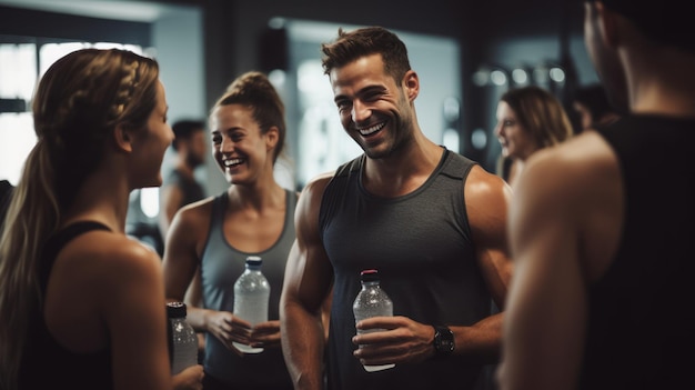 la conversazione maschile e femminile si rilassa con gli amici dopo l'allenamento in palestra