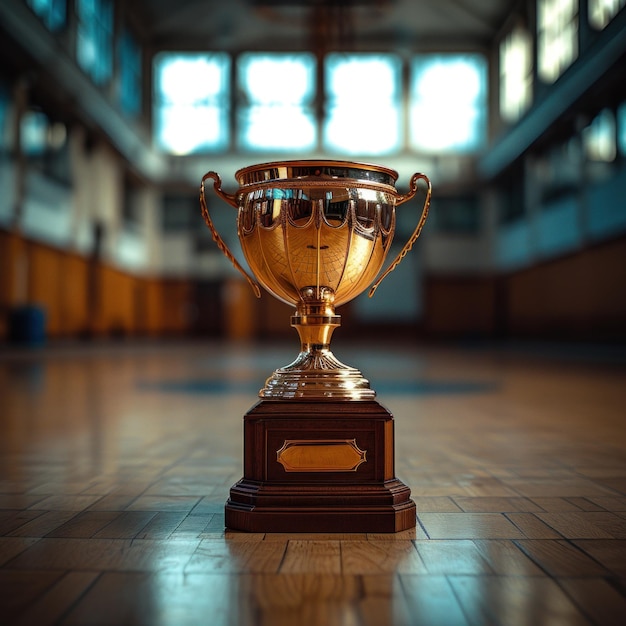 La coppa del vincitore del trofeo d'oro sfocata sullo sfondo della sala del campo sportivo