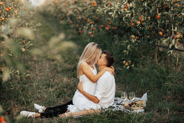 La coppia appassionata sta abbracciando mentre si siede sulla coperta da picnic alla data. Accanto a loro cestino da picnic con uva, cornetti e bicchieri di vino.