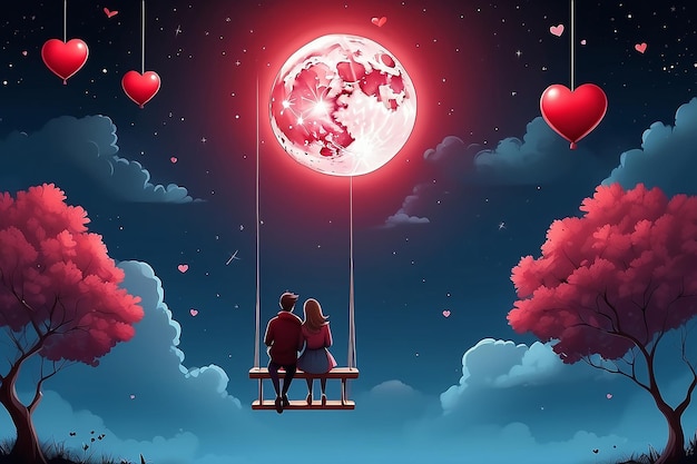 La coppia di amanti dei cartoni animati è seduta su un altalena di palloncino cuore rosso sulla luna piena sullo sfondo del cielo