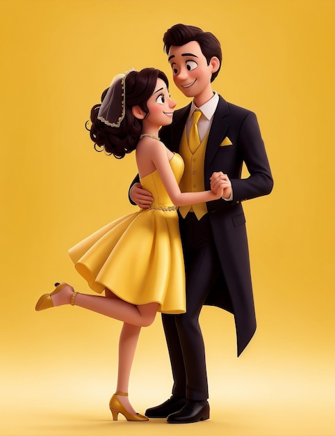 La coppia di nozze danza con un vestito di colore giallo