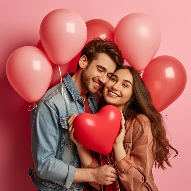 La coppia di San Valentino con i palloncini del cuore, una bella coppia.