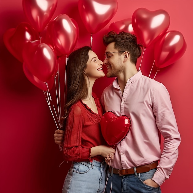 La coppia di San Valentino con i palloncini del cuore, una bella coppia.