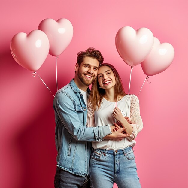 La coppia di San Valentino con i palloncini del cuore, una bella coppia.