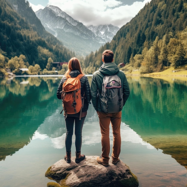 La coppia di viaggiatori guarda il lago di montagna Il concetto di viaggio e vita attiva con la squadra