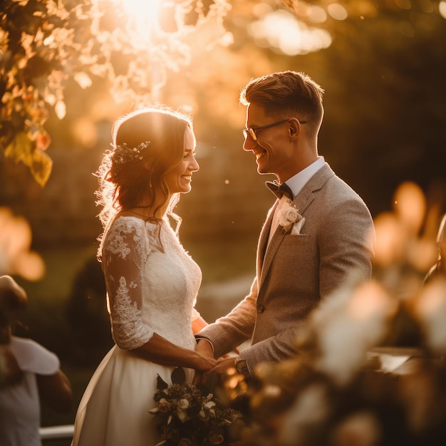 La coppia nuziale abbraccia le montagne alla luce del sole La sposa in abito da sposa con bouquet Generative Ai