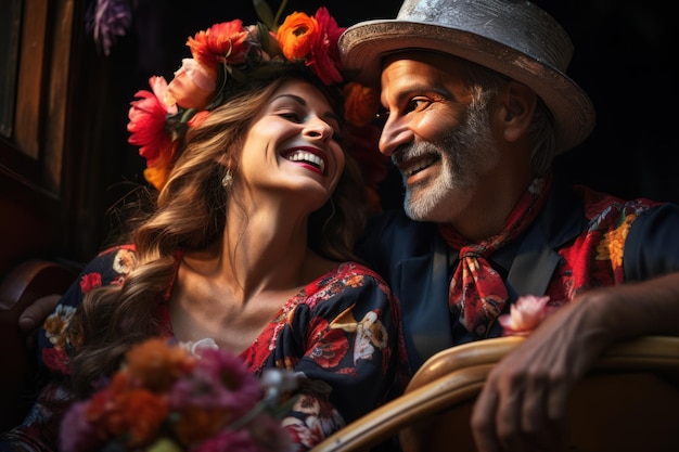 La coppia si scambia fiori su una gondola serenata lungo un sereno canale fidanzamento matrimonio e immagine di anniversario