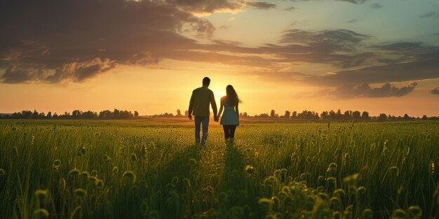 La coppia si tiene per mano in un campo verde al tramonto