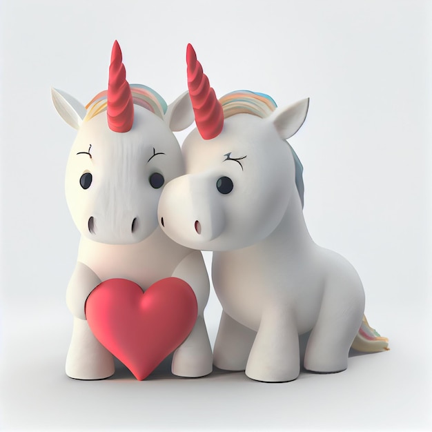 La coppia sveglia dell'unicorno nell'amore con gli animali del biglietto di S. Valentino dei cuori 3d rende l'illustrazione