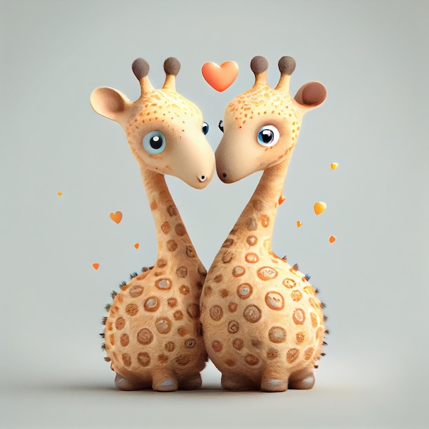 La coppia sveglia della giraffa nell'amore con la cartolina d'auguri di san valentino dei cuori 3d rende l'illustrazione