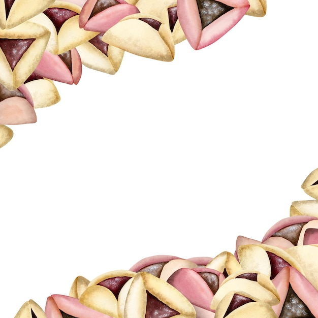 La cornice felice di Purim con i biscotti hamantaschen per i social media del blog pubblica l'illustrazione dell'acquerello