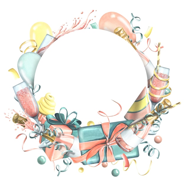 La cornice festiva è rotonda con champagne rosa in bottiglie e bicchieri con una torta bandiere coriandoli e regali Illustrazione ad acquerello oggetti isolati disegnati a mano su sfondo bianco per il compleanno