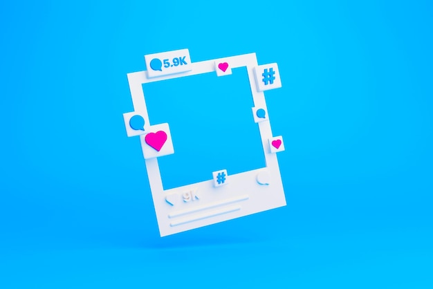 La cornice per foto dei social media con il commento del cuore e l'icona dell'hashtag su sfondo blu 3d rendono l'illustrazione